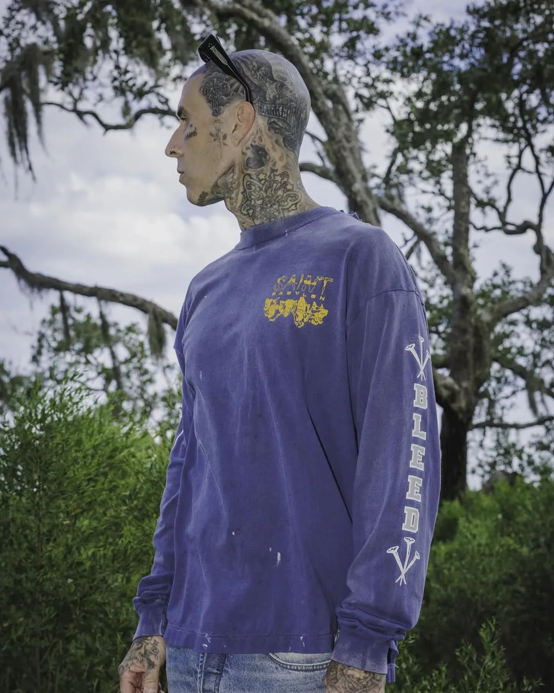SAINT Mxxxxxx × BABYLON BBLN_LS TEE/SAINT BABYLON/NVY/BABYLON co-branded style Wolf head SAINT/nail distressed long sleeves Washed blue S-XL Completely matched Tube weaving fabric without side seams Garment dyeing Maliu water faded distressing Simulated sun fading treatment Natural fading Handmade holes and frayed Ink splashing treatment Correct main mark/wash mark/little angel anti-counterfeiting mark
